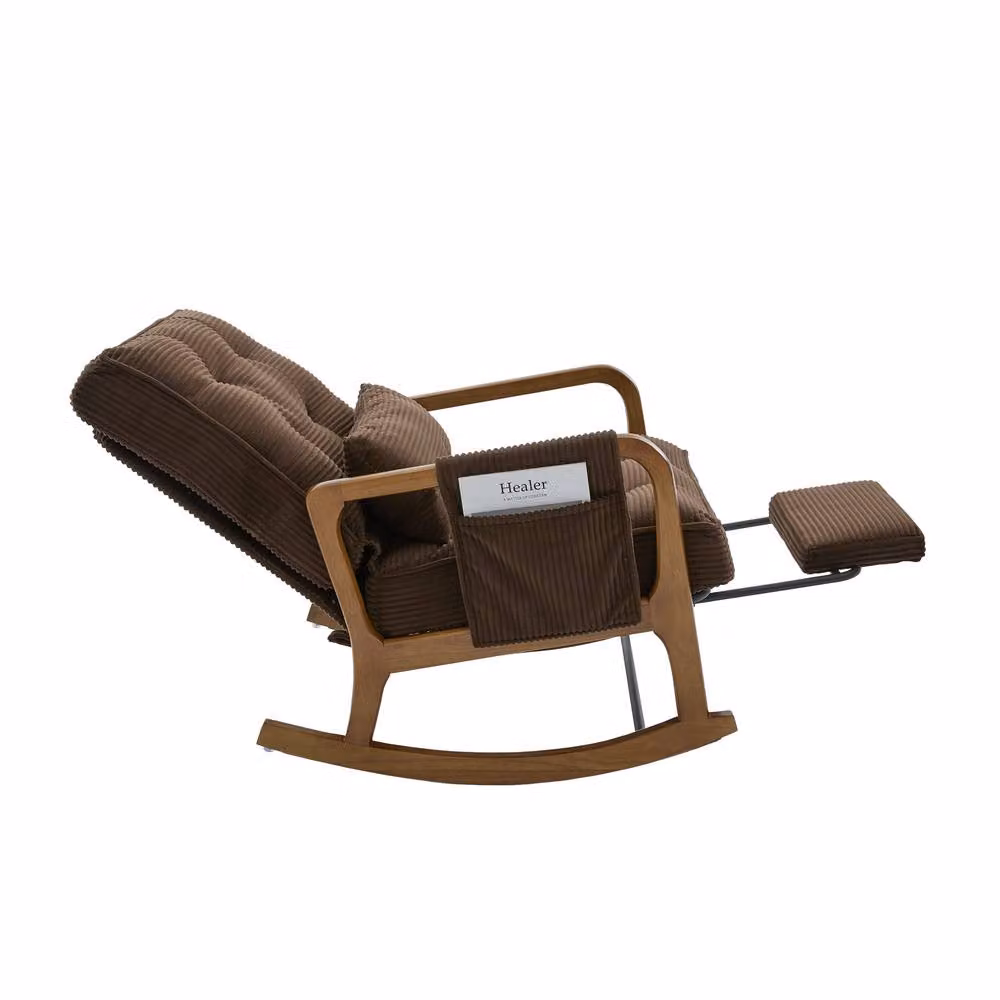 GOMYWAY Matteo Corduroy Rocking Chair in Brown with Solid Wood Frame and Multi-Position Glide – 8
