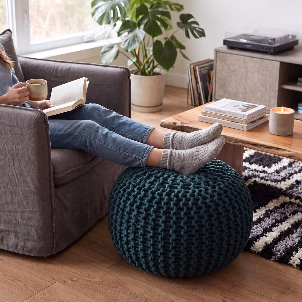 Bravich LTD Chunky Knitted Cotton Pouffe Footstool in Dark Green, Diameter: 50 cm – 3