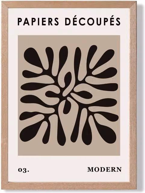 ARTZE Matisse Style Floral Cutout Framed Print in Beige and Black with Oak Wood Frame – 1