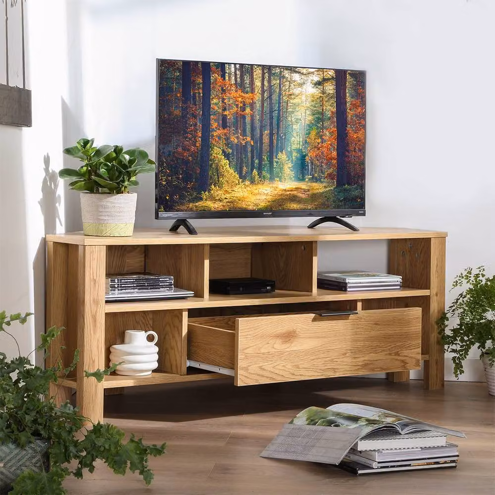 CALICOSY Corner TV Unit with 1 Drawer, Oak Finish, Light Brown, W/D/H: 120 x 40 x 45 cm – 4