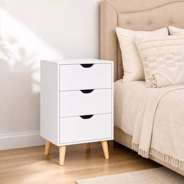 STILVORA Bedside Table with 3 Drawers in White Matt Wood Finish