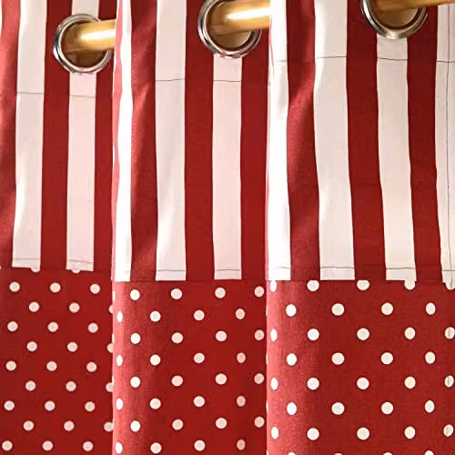HOMESCAPES Red Polka Dot 100% Cotton Unlined Eyelet Curtain Pair, Width: 117 cm, Drop: 137 cm – 2