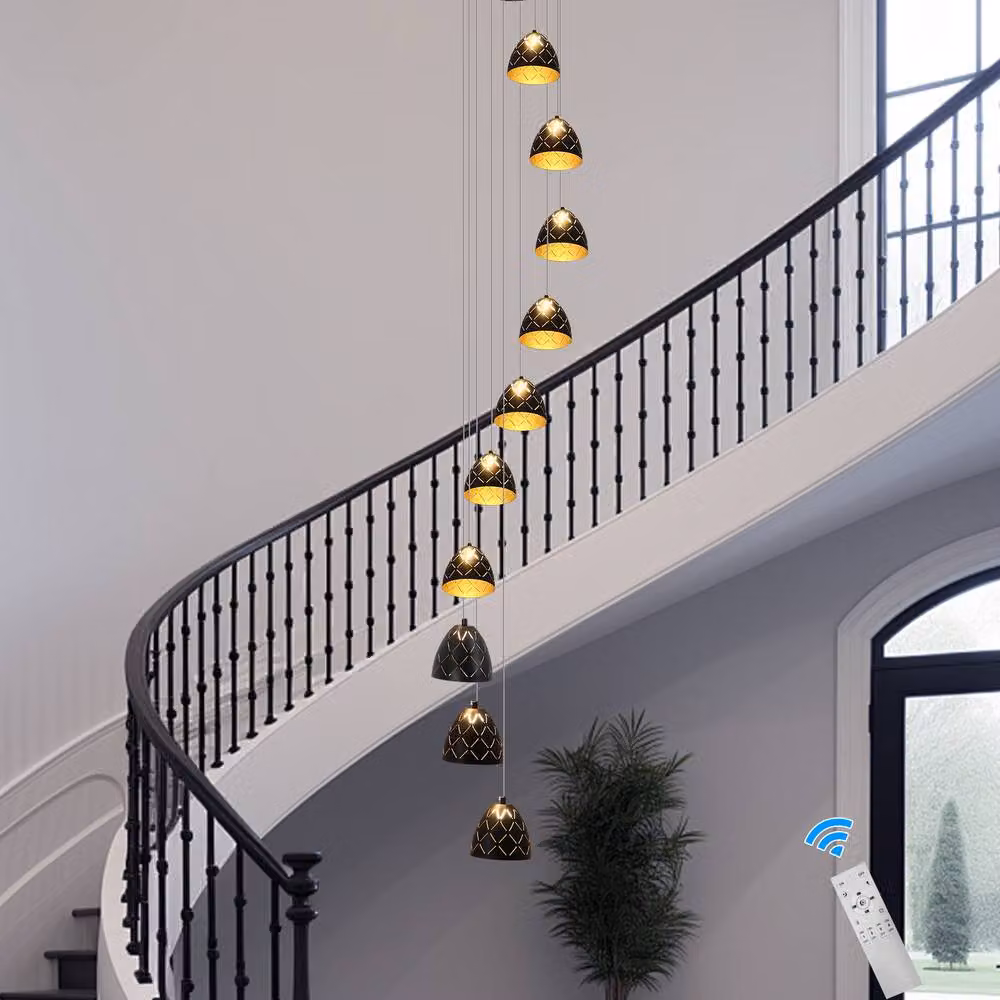 NIVOR 10-Light LED Dimmable Adjustable Pendant Chandelier in Black and Gold/Brass for Staircases, Living Rooms, Kitchens and Dining Rooms – 4