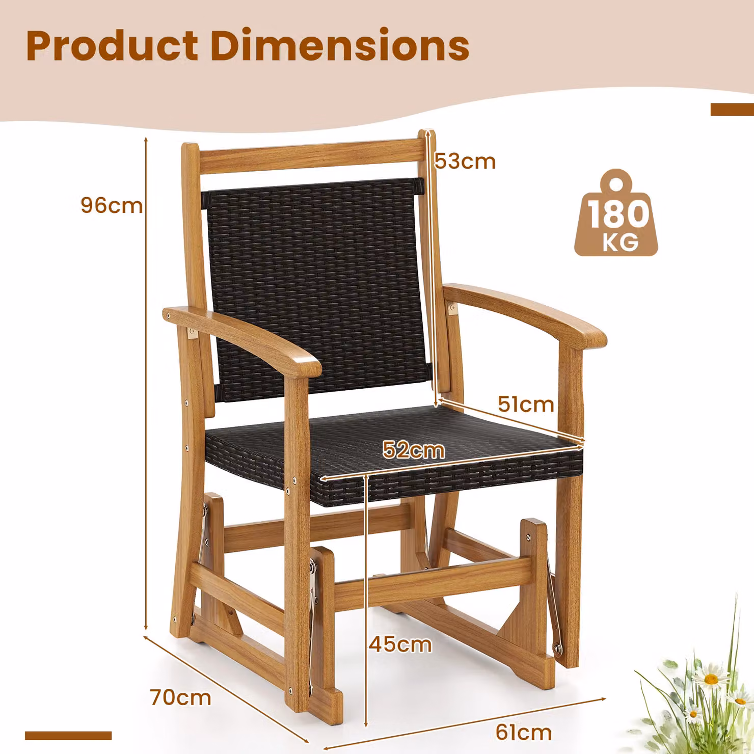 Gymax Outdoor Acacia Wood Glider Chair with Rattan Seat in Brown – 2