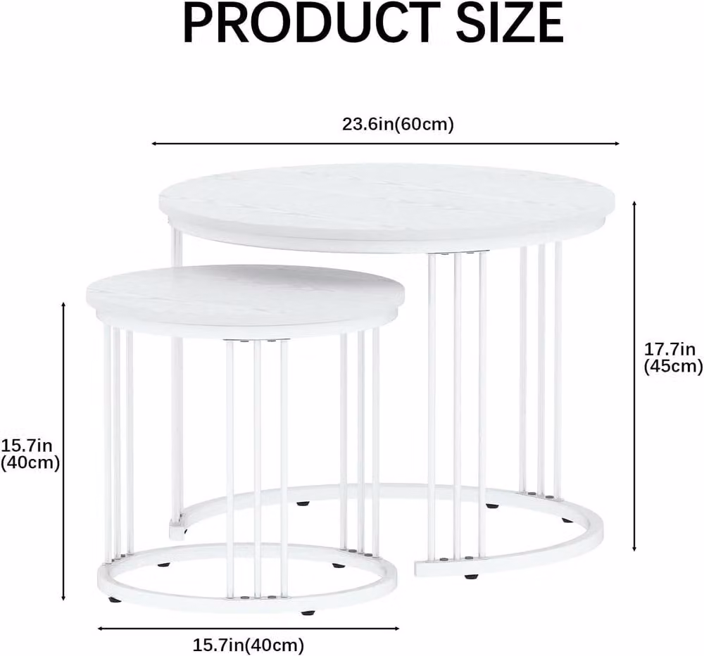 Huhote Set of 2 Round Nesting Side Tables with Matt White Metal Frame – 2