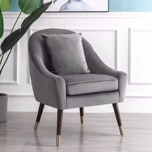Artemis Home Grey Velvet Tub Accent Chair with Armrests and Solid Wood Frame – 1