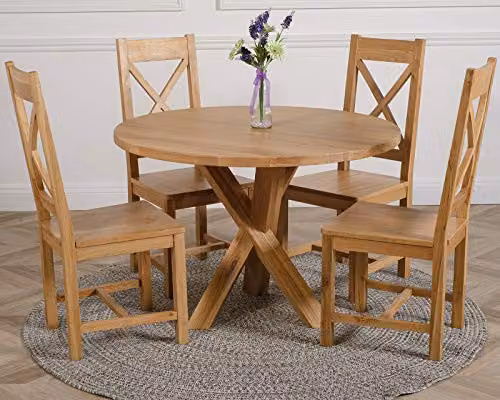 Oak Furniture King Oregon Solid Oak Round Dining Table and 4 Berkeley Oak Chairs Set, Brown, Diameter: 110 cm, Height: 76 cm