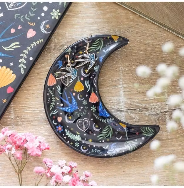 KDMD Midnight Bloom Crescent Moon Ceramic Trinket Dish and Jewelry Holder in Black