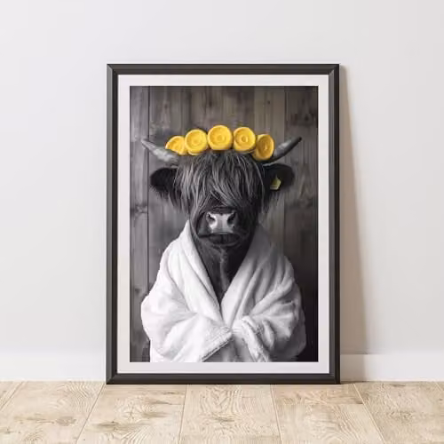 60 Second Makeover Highland Cow Yellow Rollers Animal Print Paper Poster, Multicolour, A4