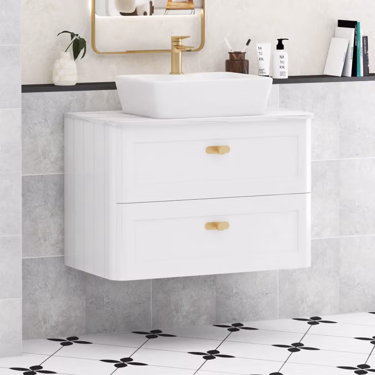 Royal Bathrooms Henley 800mm Gloss White Wall Hung Vanity Unit with 2 Drawers, Carrara White Worktop and Brushed Brass Knob