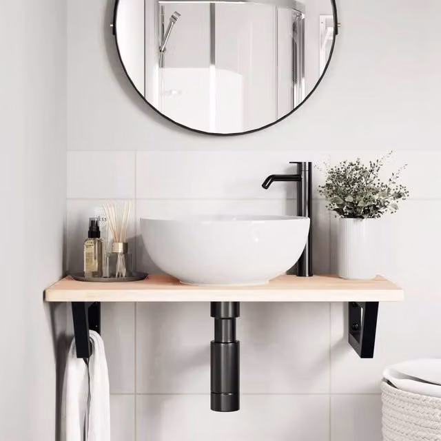 Berkfield Home Elegant Wall Mounted Basin Shelf in Light Brown Oak and Black Steel – 1