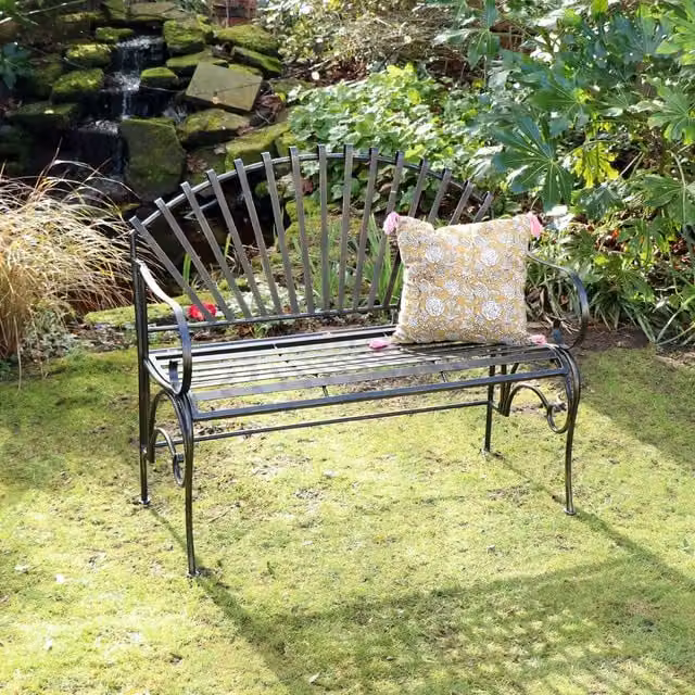 Melody Maison Large Ornate Black Lacquered Metal Garden Bench – 1