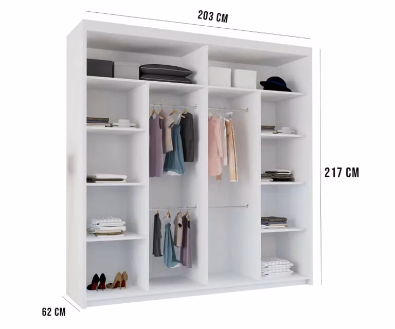 MN Furniture Modern Sliding Wardrobe with Oak Strips and Integrated LED Lighting in White, W/H: 203 x 217 cm