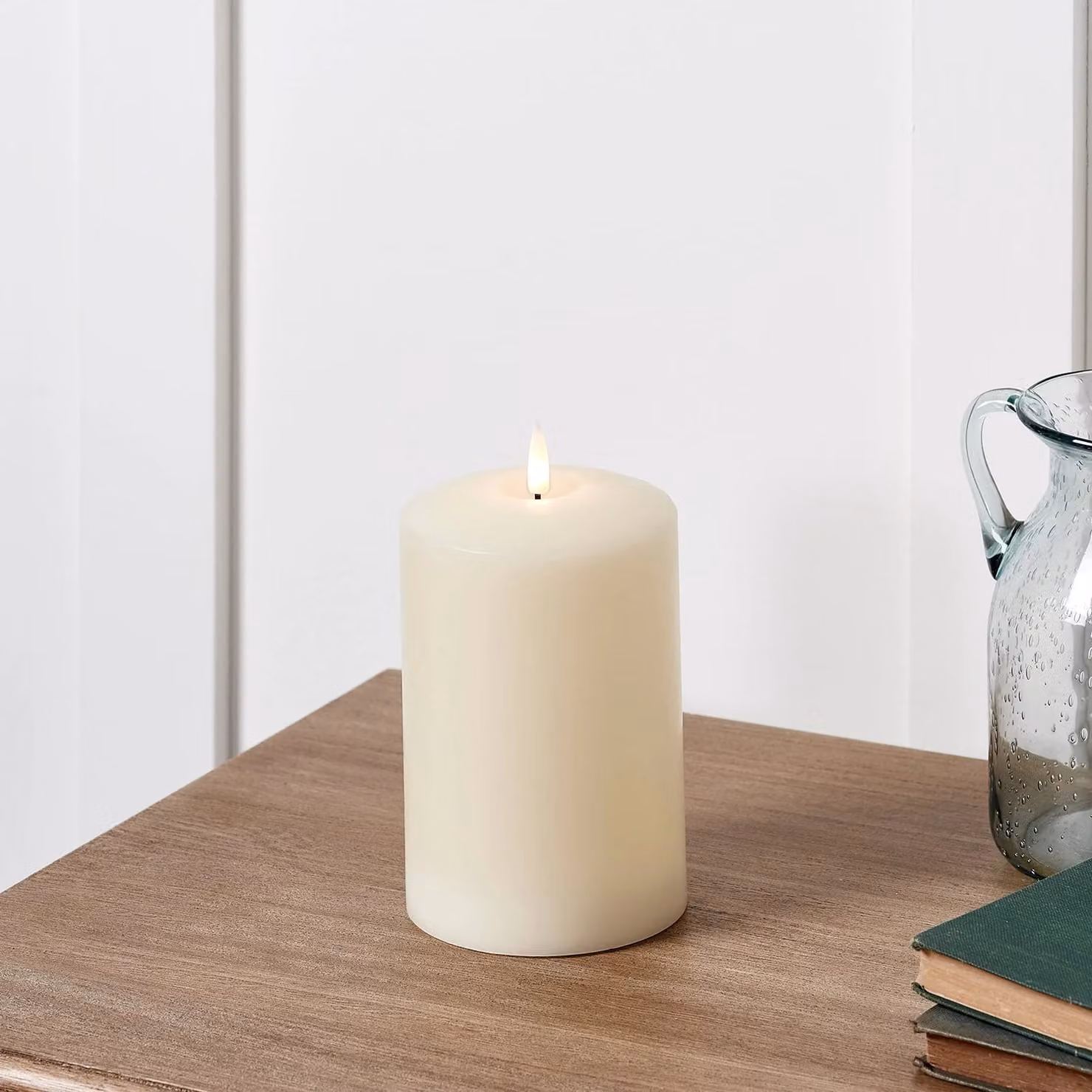 Lights4fun TruGlow Beige Rechargeable LED Pillar Wax Candle with Flicker Effect and Remote Control, Height: 15 cm