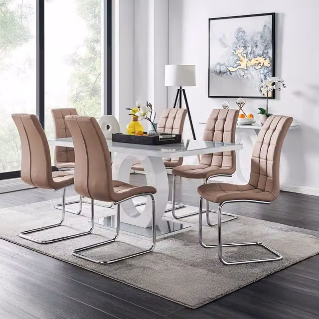 FurnitureboxUK Giovani Modern Glass Dining Table and Six Murano Chairs Set in Grey, White and Black