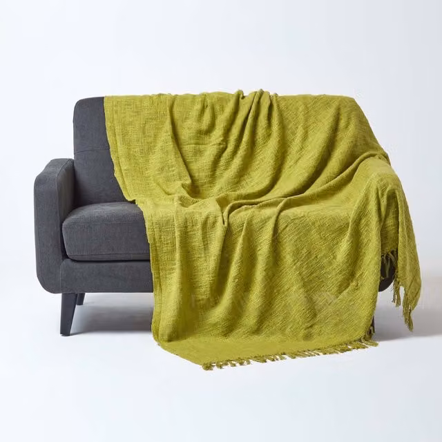 Homescapes Nirvana Lime Green Handwoven 100% Pure Cotton Throw with Fringes