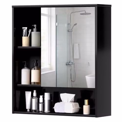 Levede Black Wall Mounted Bathroom Mirror Cabinet with HD Tempered Glass and Internal Shelves, W: 55.5 cm, H: 61.2 cm, D: 16.0 cm