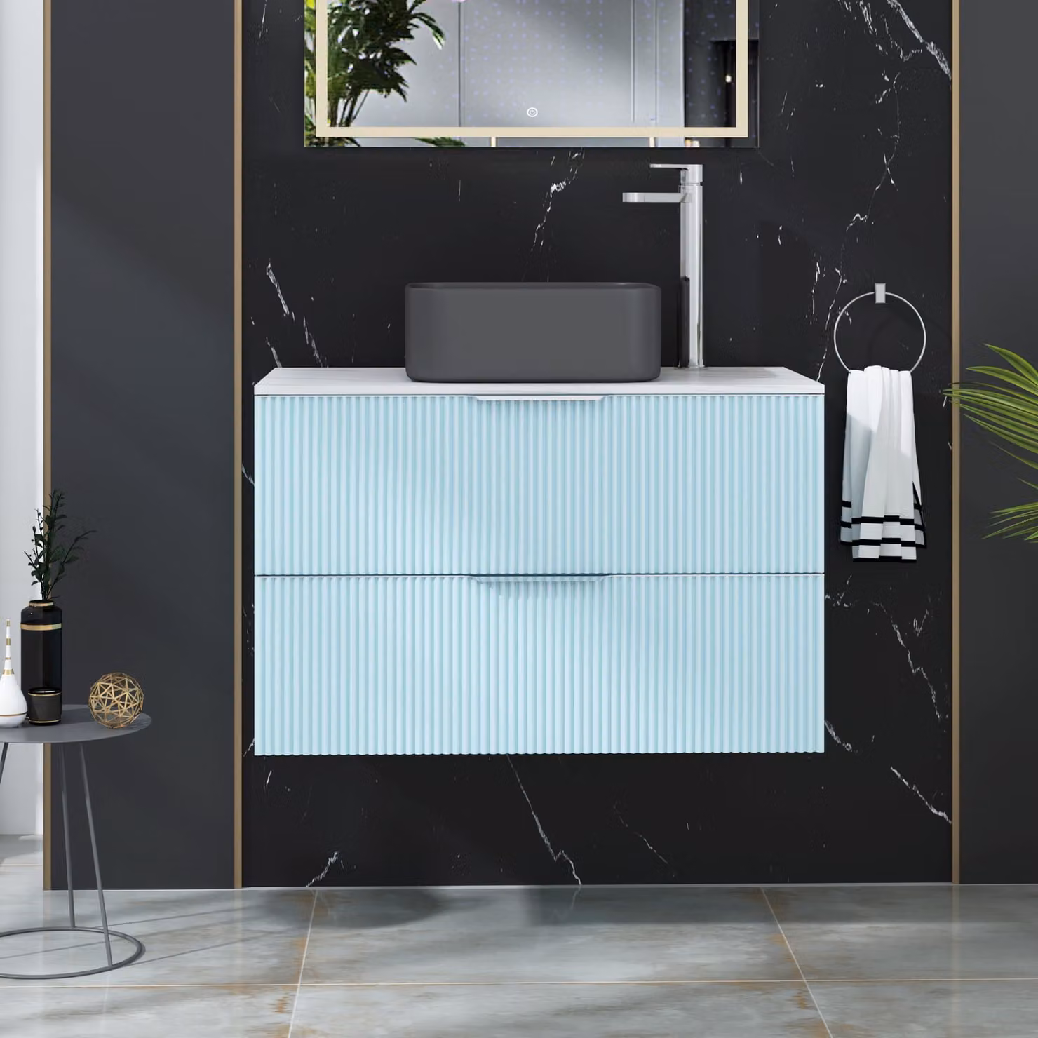 Royal Bathrooms Evora 800mm Powder Blue Fluted Wall Hung Countertop Vanity Unit with 2 Drawers and Art Square Basin