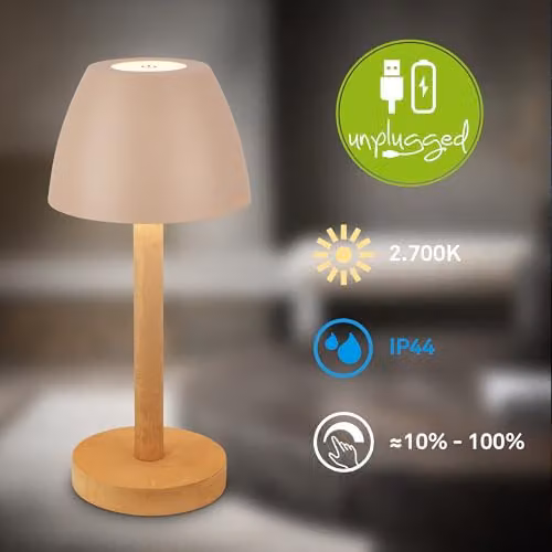 Briloner Rechargeable LED Table Lamp in Beige Wood, Dimmable Touch Control, IP44 Cordless Outdoor Light, W/D/H: 13.5 x 13.5 x 30.0 cm – 2