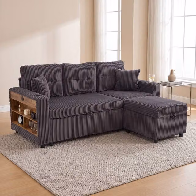 STILVORA Corduroy Sofa Bed with Storage, USB Charging and LED Lighting in Dark Grey, W/D/H: 196 x 85 x 82 cm – 1