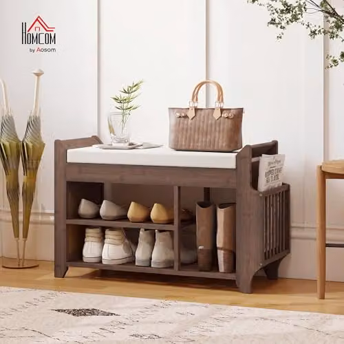 HOMCOM Modern Shoe Bench and Hallway Shoe Rack with Cushioned Seat in Brown and Beige, W/D/H: 80 x 30 x 50 cm – 2