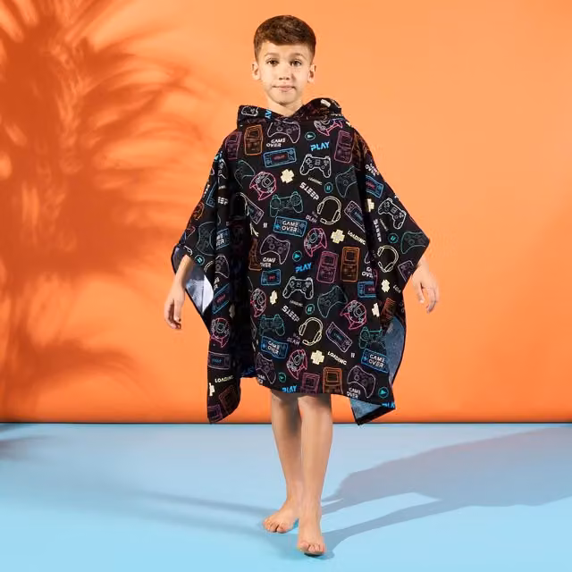 OHS Kids Hooded Gaming Poncho Beach Towel in Black, Quick Dry Microfibre – 1