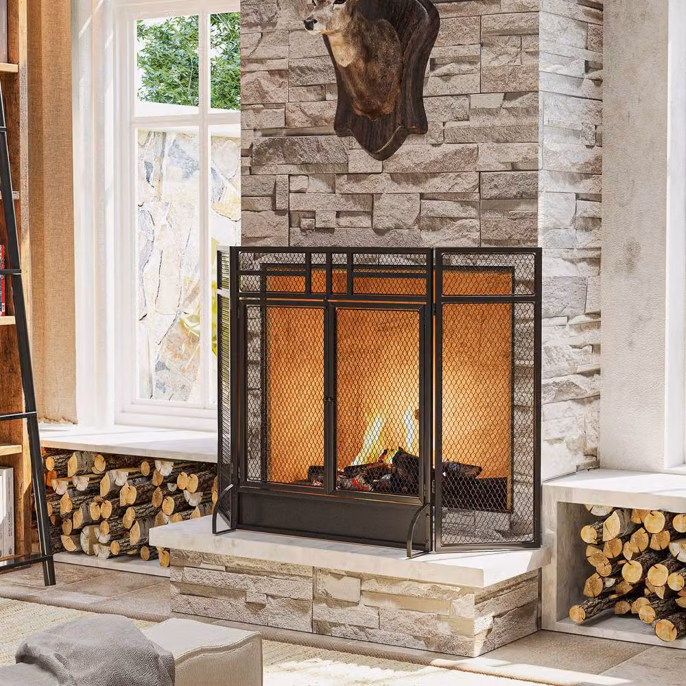STILVORA Three-Panel Fireplace Screen with Door, Black, H: 79.0 cm, W: 11.5 cm, D: 11.5 cm – 2