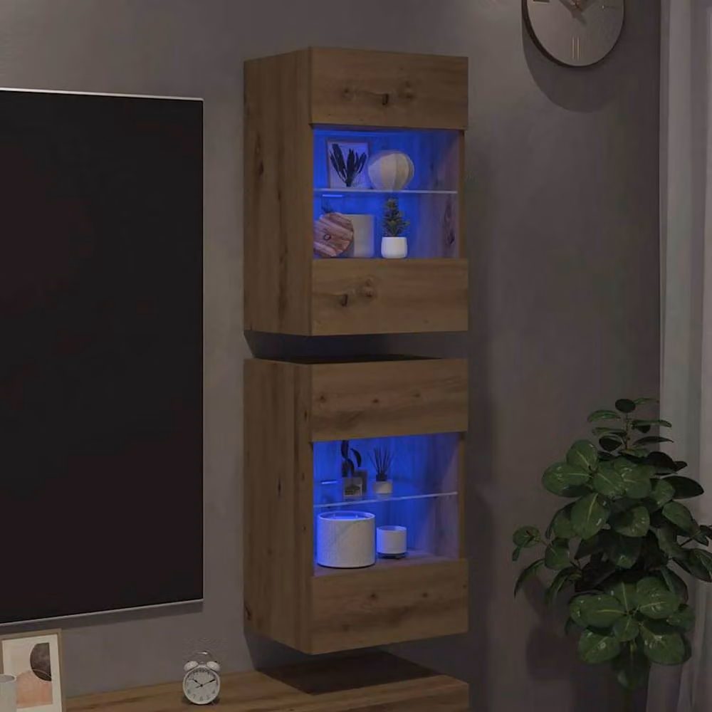 Berkfield Home Artisan Oak TV Wall Cabinets with Integrated LED Lights, Set of 2, Brown, W/D/H: 40 x 30 x 60 cm – 2