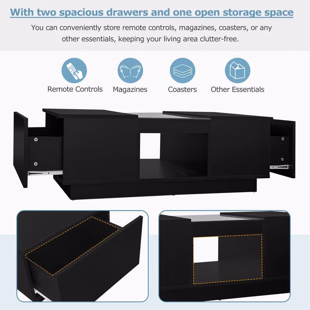 Matteo Modern Black LED Coffee Table with Storage and Drawers, W/D/H: 100 x 50 x 35.5 cm – 6