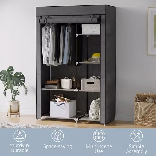 HOMCOM Fabric Wardrobe with Hanging Rod and Internal Shelves, Grey, W/D/H: 103 x 43 x 162.5 cm – 3
