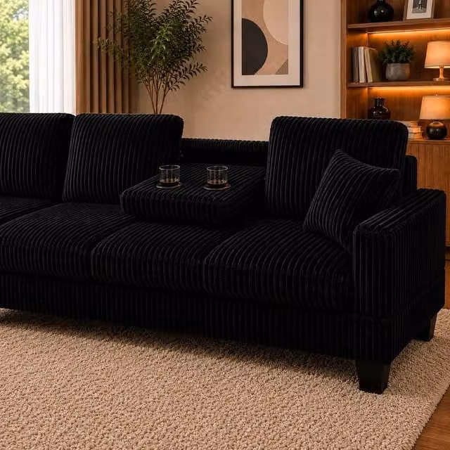 SquareBoxx Vienna LHF Corner Sofa with Ottoman and Drop Down Table in Black