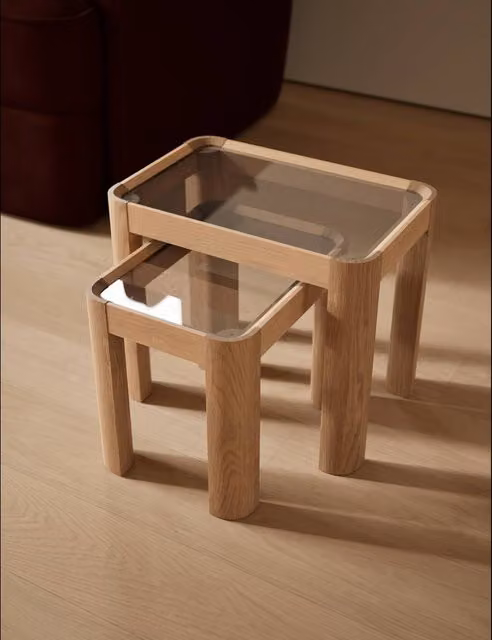 M&S Ember Modern Nest of Side Tables in Oak and Glass