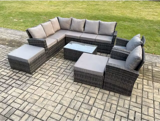 Fimous 10-Seater Dark Grey Rattan L-Shape Outdoor Corner Sofa Set with Coffee Table and 2 Ottomans