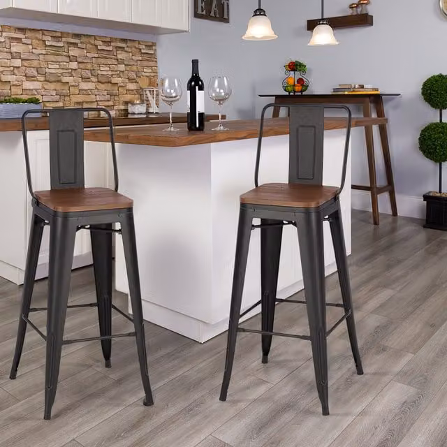 Livingandhome Set of 2 Black Industrial Bar Stools with Backrest in Wood and Metal
