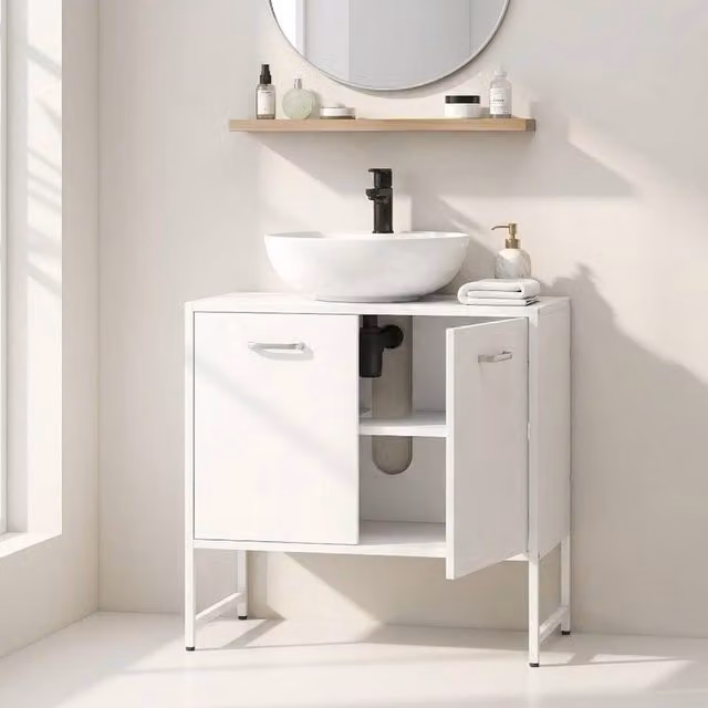 STILVORA White Under Sink Bathroom Cabinet with Soft Close Hinged Doors and Internal Shelves