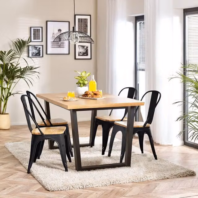 FurnitureboxUK Cotswold Oak Dining Table with 4 Colton Wooden Seat Metal Chairs in Black and Brown