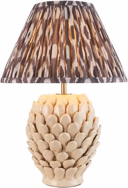 Netlighting Layered Leaf Ivory Table Lamp with Grey Fabric Ikat Shade and Gold/Brass Base, Diameter: 30 cm