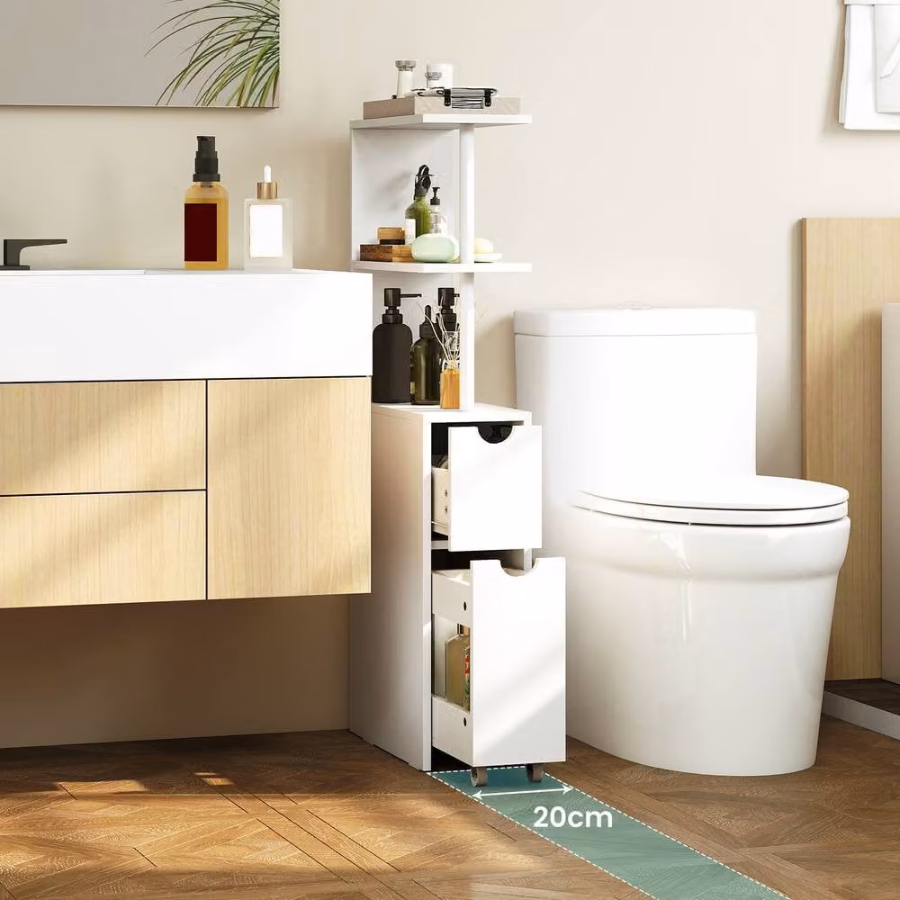 Gymax Modern Slim Freestanding Cabinet in White with Open Shelves and Drawers – 2