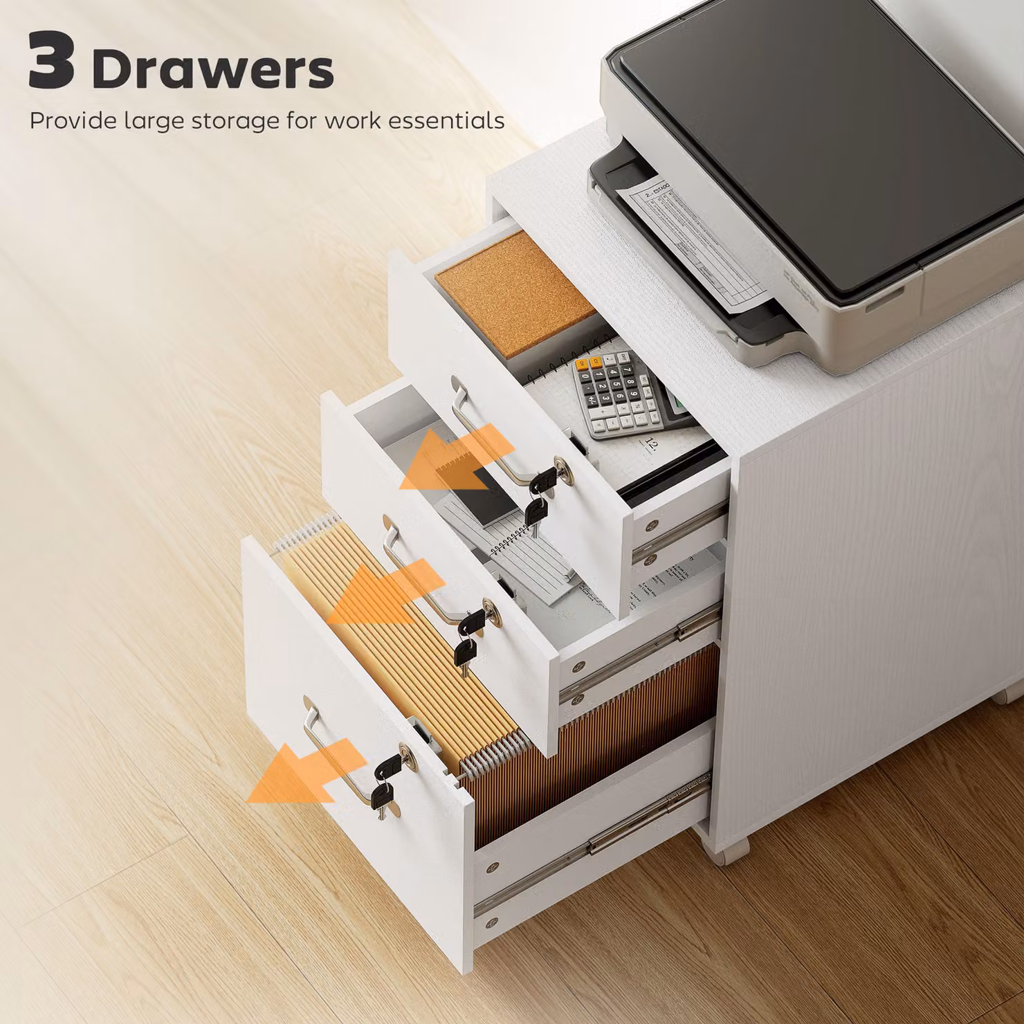 HOMCOM Three Drawer White Wood-Effect Filing Cabinet with Lock and Castors – 3