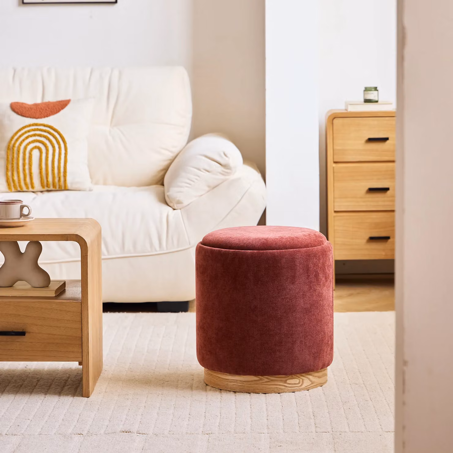 KEMI Red Velvet Cylindrical Storage Pouf with Brown Wooden Base – 2