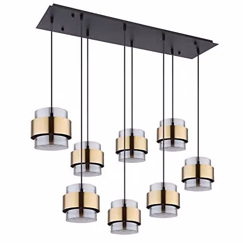Globo Lighting Modern Suspended LED Pendant Light with Grey Glass and Brass Rings, H 103 cm x W 34 cm x D 34 cm – 1