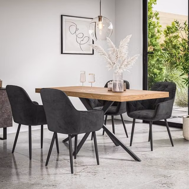 More4Homes Donni Dining Table and 6 Anika Velvet Chairs Set in Black and Oak Effect