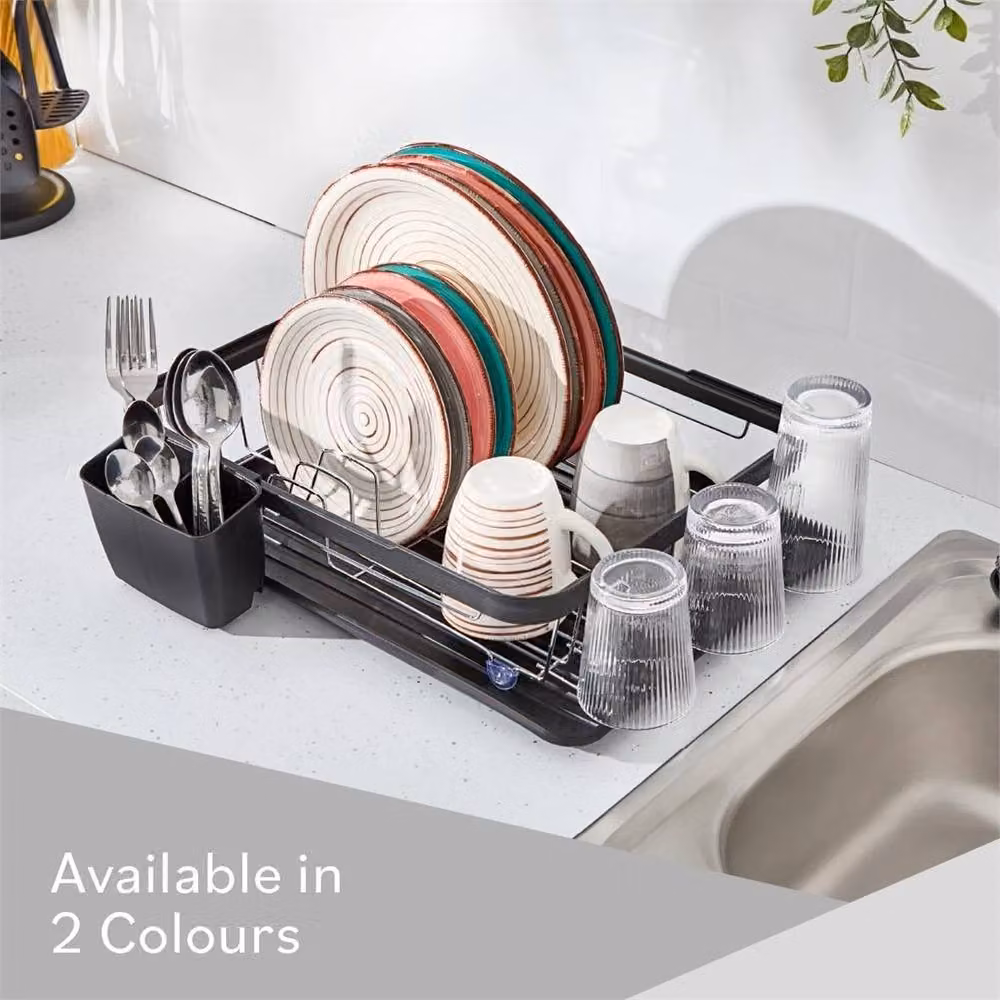 Benross Rectangular Plastic Dish Drainer Rack with Drip Tray and Cutlery Holder in Grey and Black – 2