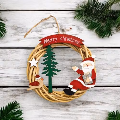 Netagon Battery Powered Red Wicker Christmas Wreath with Star Decorations, Diameter: 30 cm – 2