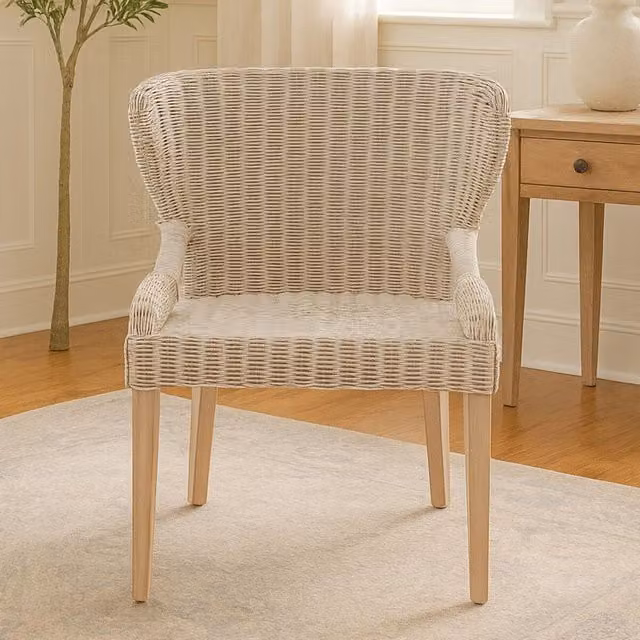 Orsina Grey and Beige Rattan Armchair with Wooden Legs for Garden and Lounge, W/D/H: 64 x 64 x 74 cm