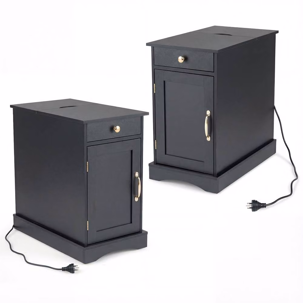 Costway Black End Table with Charging Station and Drawer – 3
