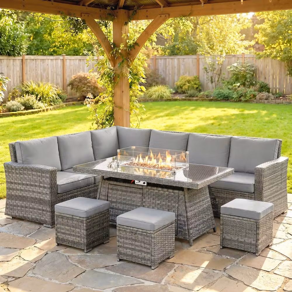 ERGOVEXA Seven-Piece Grey Rattan Firepit Table Sofa Set with Upholstered Cushions and Metal Frame – 3