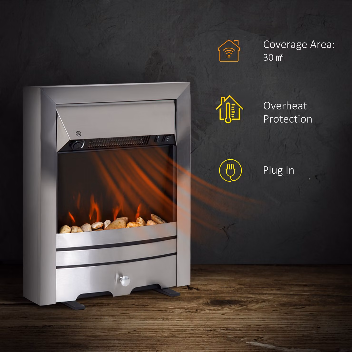 HOMCOM 2KW Electric Fireplace with Pebble Burning Effect and LED Lighting in Silver Stainless Steel – 4