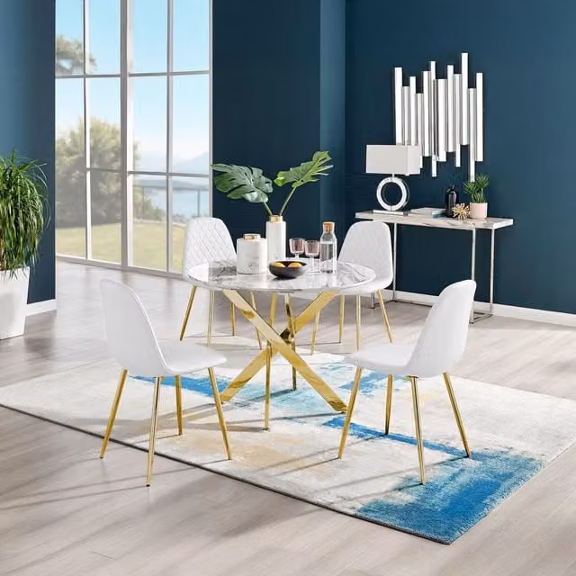 FurnitureboxUK Novara Round White Marble Effect Dining Table with 4 Corona Gold Leg Chairs