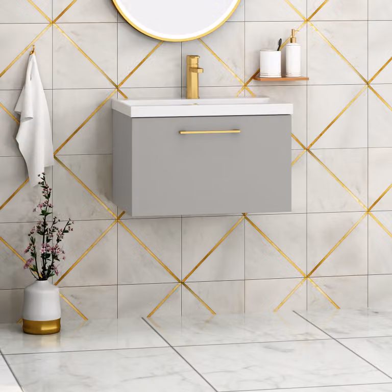 Royal Bathrooms Modena 800mm Wall Hung Vanity Unit in Satin Grey with Mid-Edge Basin and Brushed Brass Handle